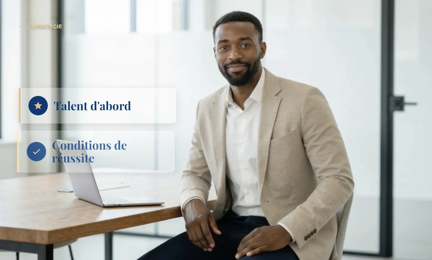 Illustration de la série vidéo Managers : un manager souriant à son bureau, avec les messages Talent d'abord et Conditions de réussite.