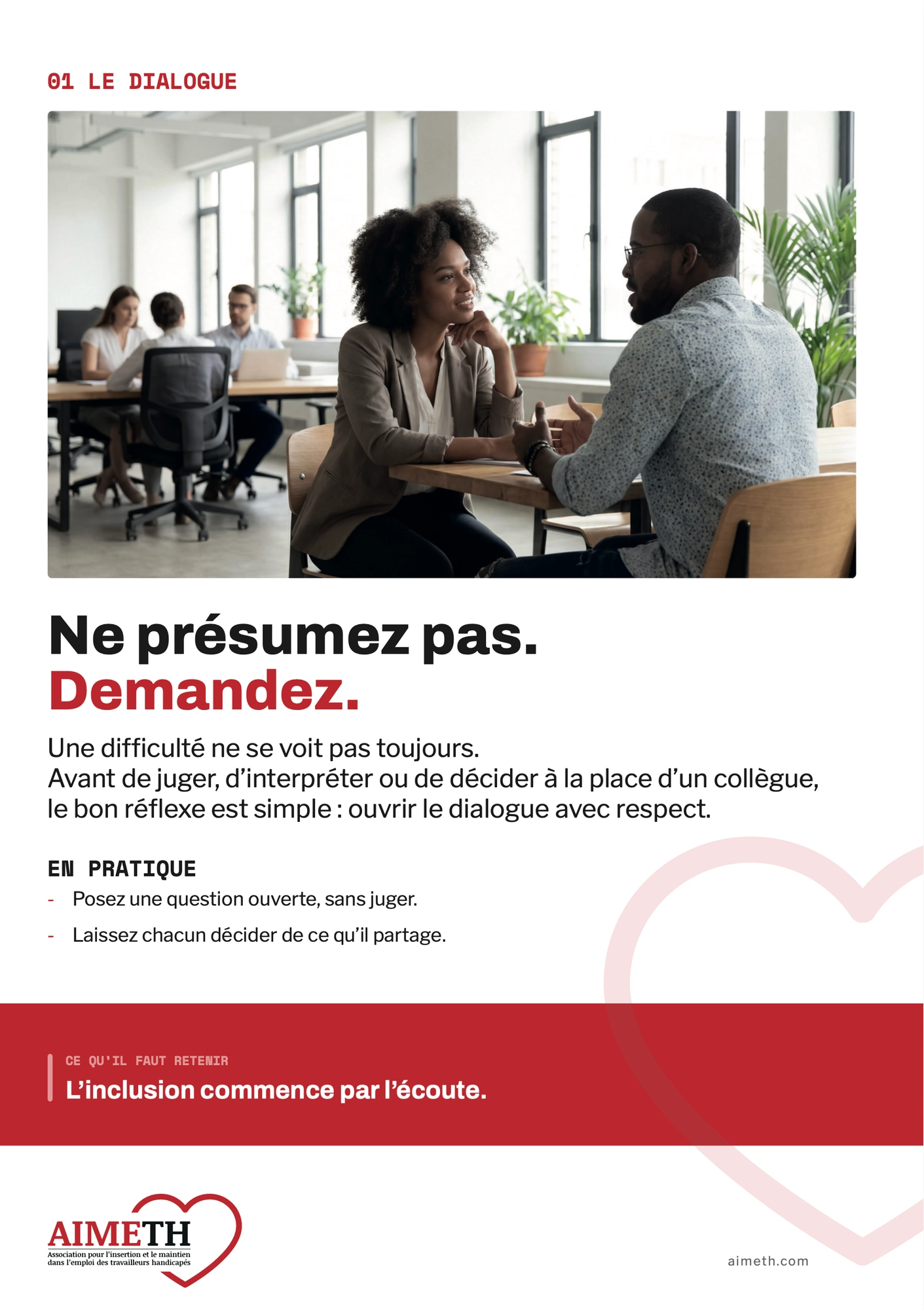 Pack de 8 affiches de sensibilisation Cap'Talents rappelant les bons réflexes : écouter, respecter les besoins de chacun, éviter les préjugés, favoriser l'inclusion et agir tôt.