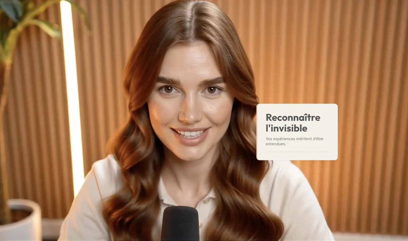 Illustration de la série vidéo Collaborateurs : une intervenante face à un micro, avec le message Reconnaître l'invisible, vos expériences méritent d'être entendues.
