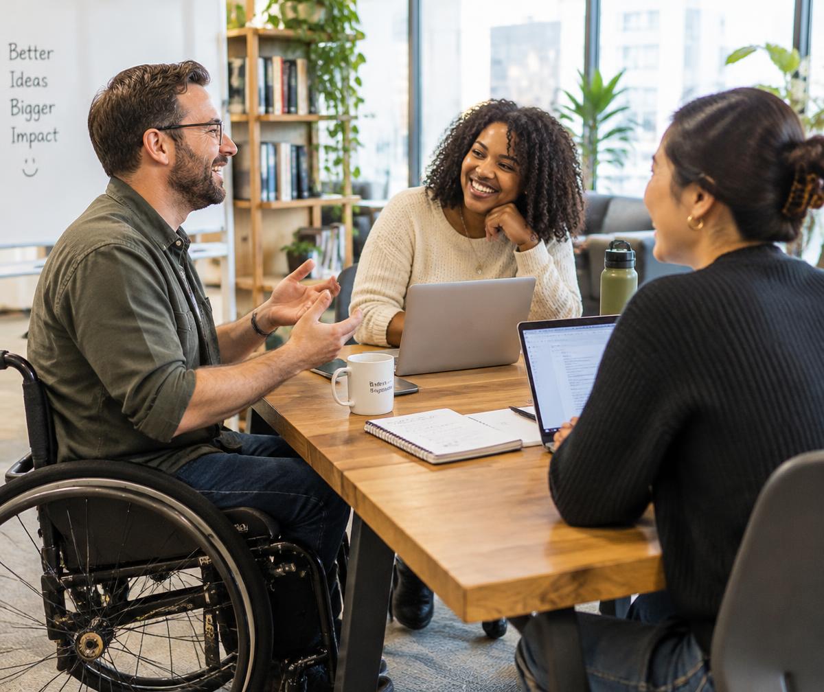 Un collaborateur en fauteuil roulant échange en souriant avec deux collègues autour d'une table, dans un bureau lumineux